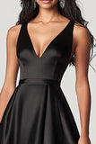 Satijnen A-lijn V-hals High-Low Black Tie Jurk