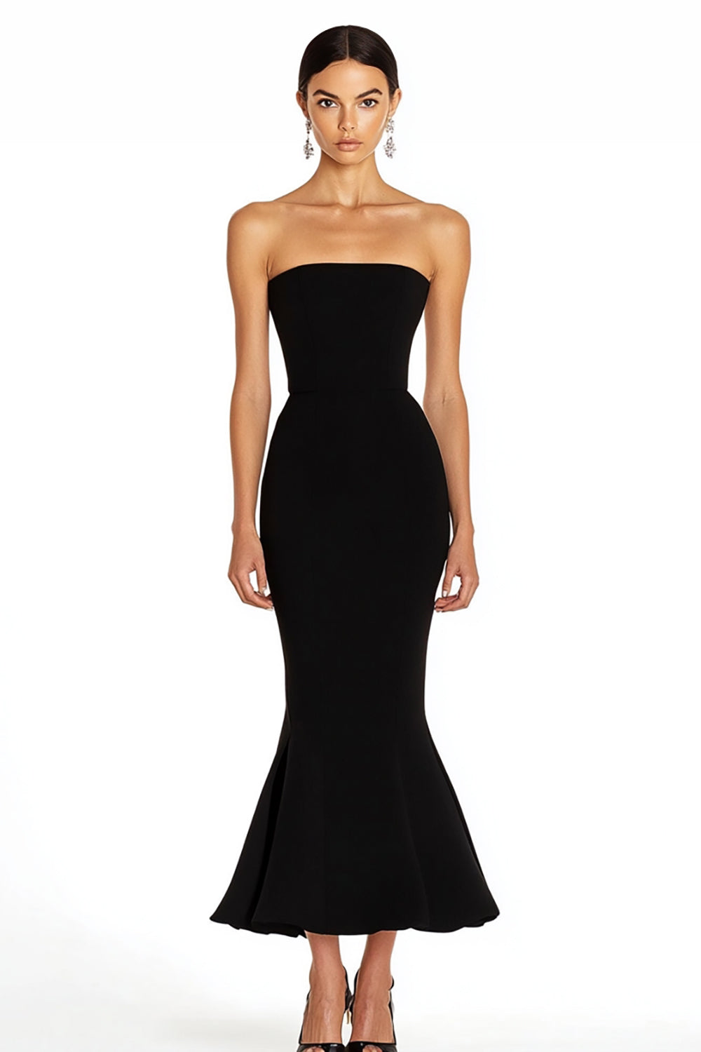 Zeemeermin strapless midi zwarte stropdas jurk