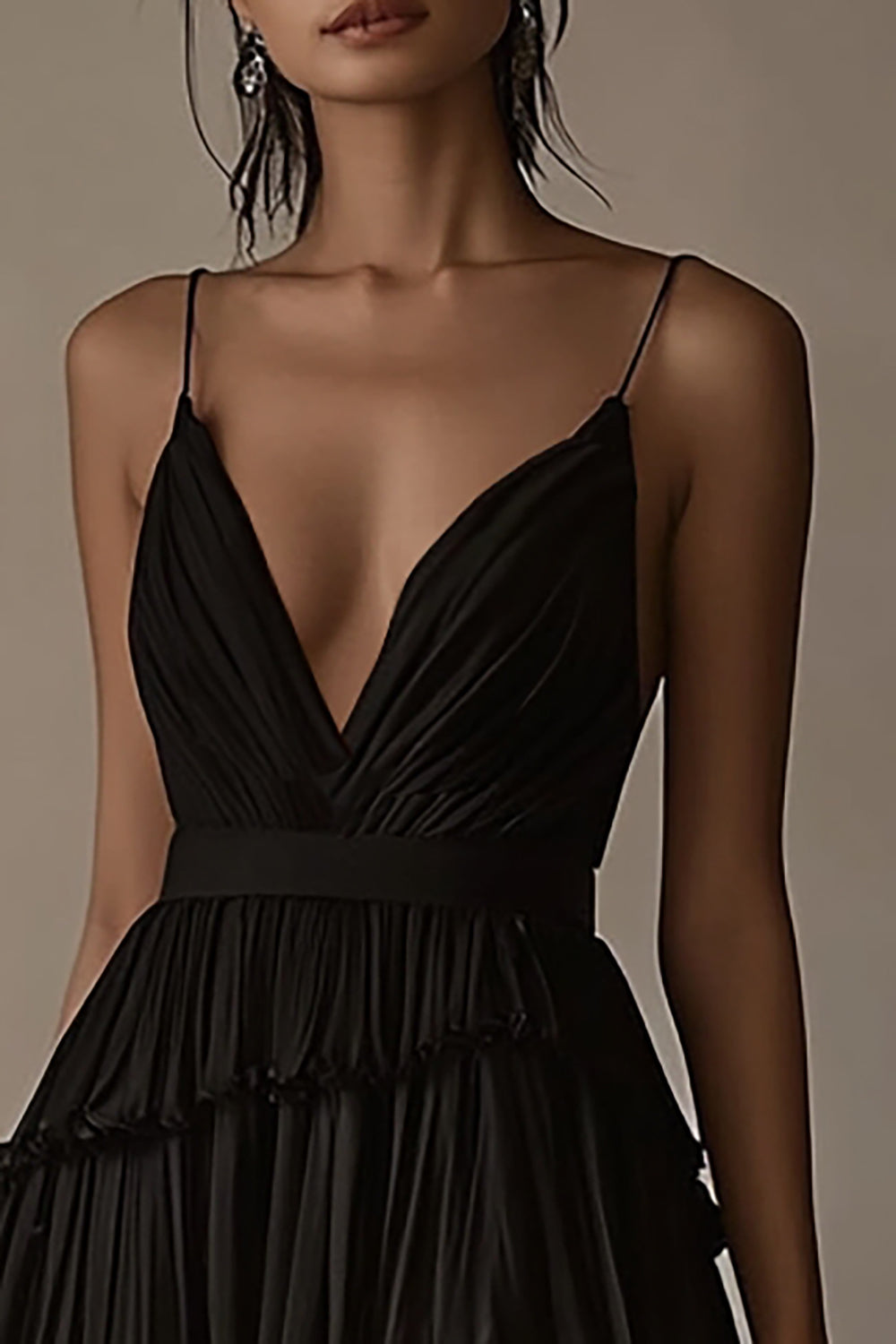 A Line V-hals Black Tie Jurk met Ruches