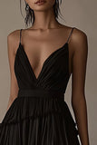 A Line V-hals Black Tie Jurk met Ruches