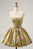 Gele strapless fit & flare brokaat A-lijn korte homecoming jurk