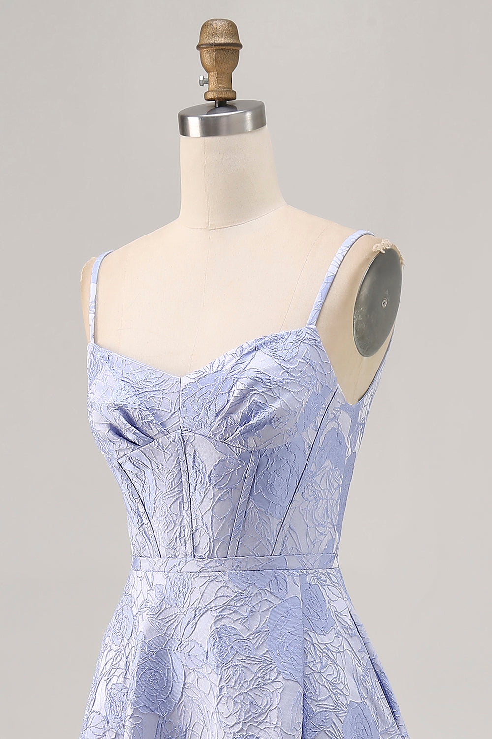 Blauwe A-lijn brokaat korset lange galajurk met split