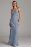 Strapless schede stoffige blauwe lange bruidsmeisjesjurk