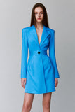 Blauwe Lange Mouwen Inkeping Revers Korte Blazer Jurk