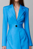 Blauwe Lange Mouwen Inkeping Revers Korte Blazer Jurk