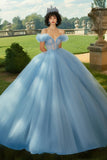 Hemelsblauwe baljurk prinses tule lange Quinceanera jurk met ruches