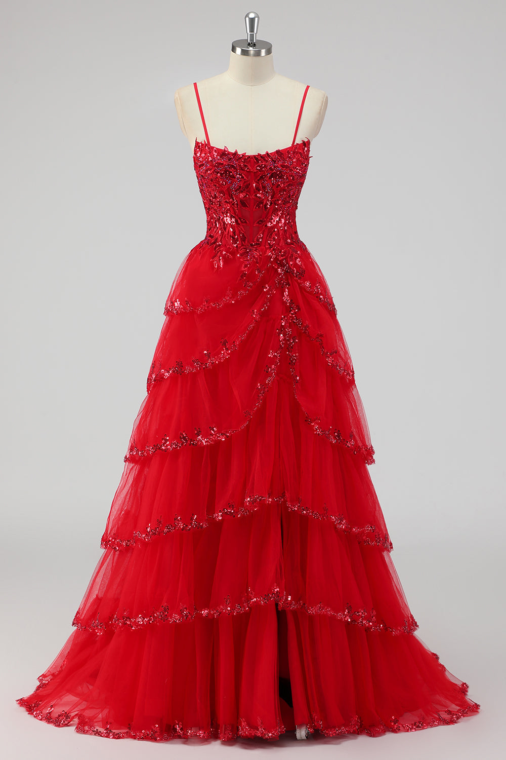 Sprankelende salie groene A lijn spaghettibandjes pailletten korset gelaagde galajurk met split