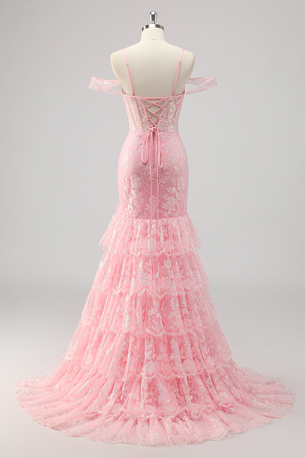 Korset zeemeermin cold shoulder opgestikte roze galajurk