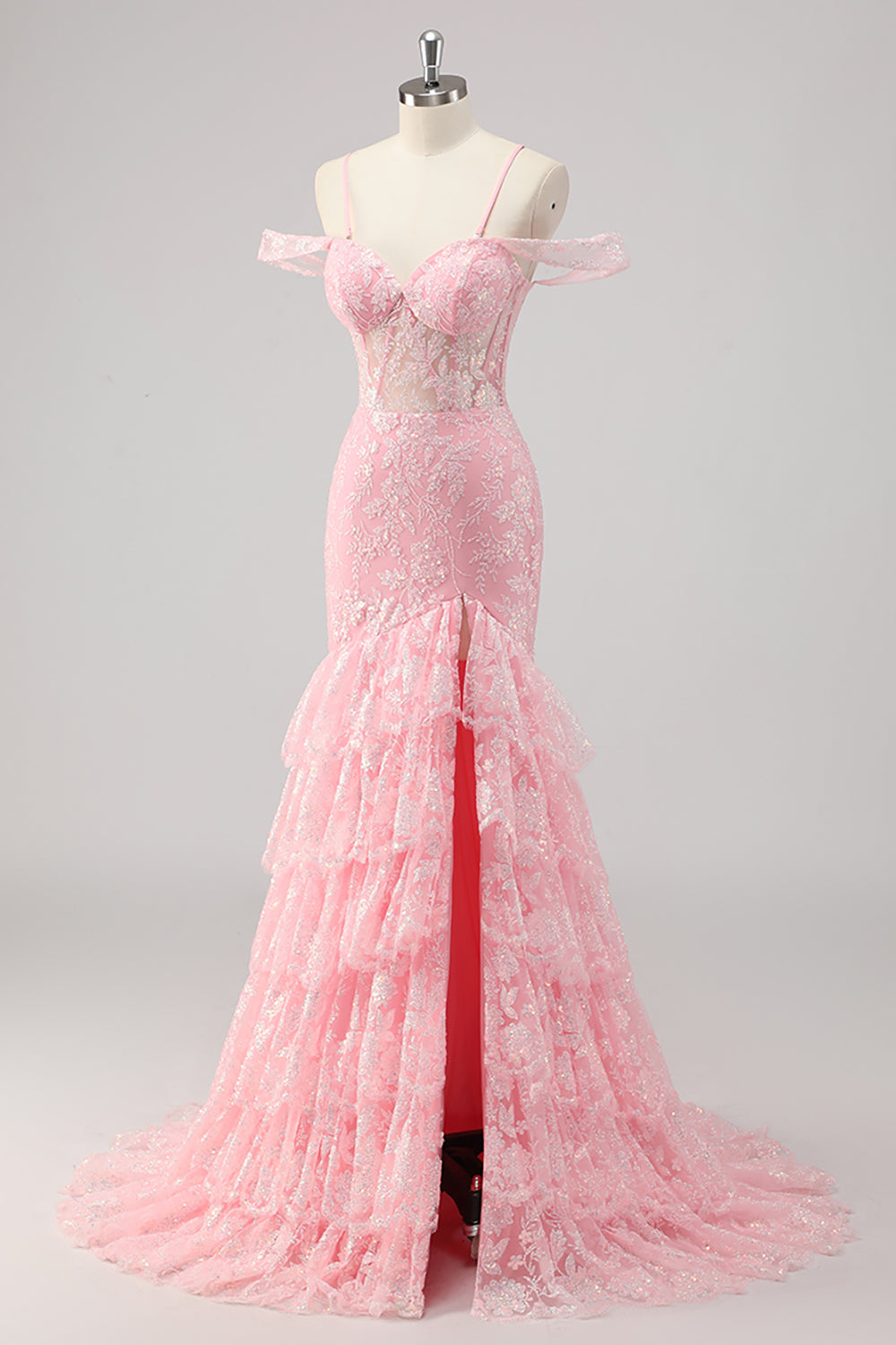Korset zeemeermin cold shoulder opgestikte roze galajurk