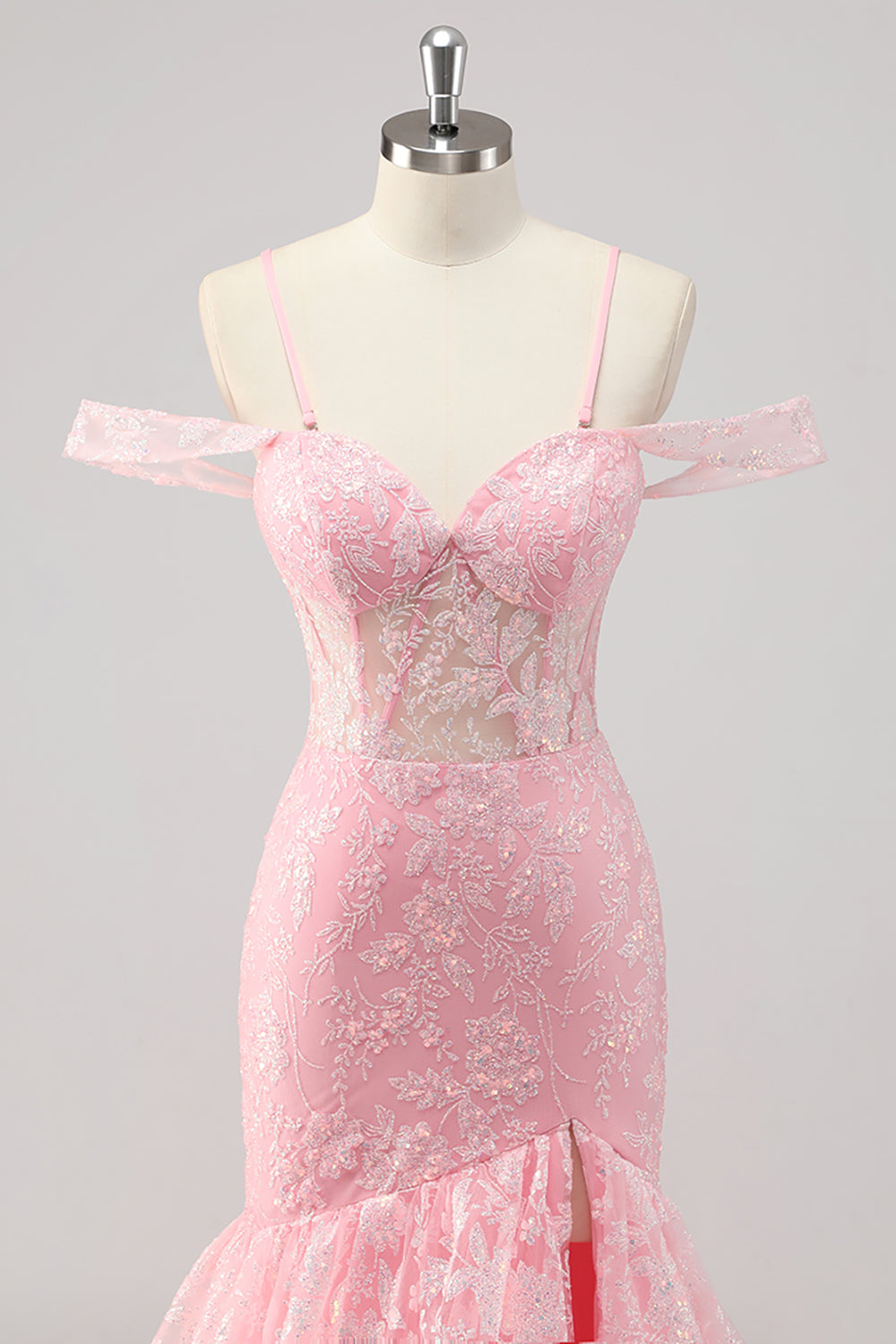 Korset zeemeermin cold shoulder opgestikte roze galajurk