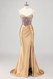 Zeemeermin Sparkly Korset Gouden Prom Jurk met Split