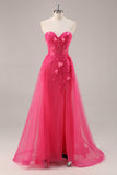 Fuchsia korset Split Strapless Lange Galajurk met Appliques