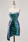 Metallic Groen Korset Bodycon Korte Homecoming Jurk met ruches