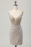 Zilveren Strapless Bodycon Pailletten Homecoming Jurk met Split