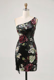 Zwarte bloem bodycon pailletten één schouder homecoming jurk