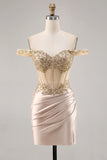 Off the Shoulder Korset Bodycon Champagne Homecoming Jurk met Pailletten