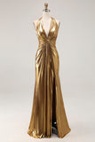 Gouden Halter Metallic Ruched Lange Formele Jurk met Split