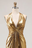 Gouden Halter Metallic Ruched Lange Formele Jurk met Split