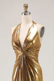 Gouden Halter Metallic Ruched Lange Formele Jurk met Split