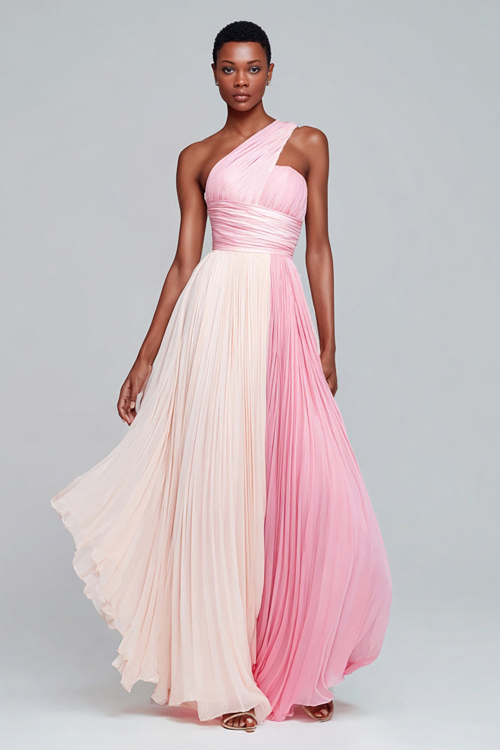 Roze One Shoulder A Line Chiffon Lange Formele Jurk met Plooien