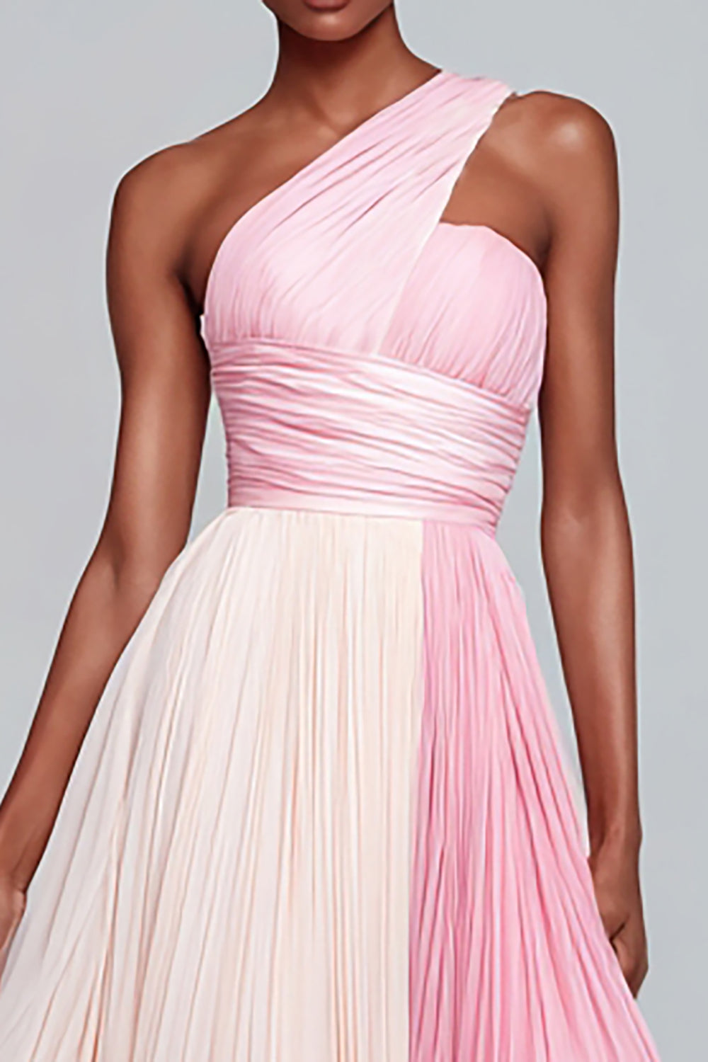 Roze One Shoulder A Line Chiffon Lange Formele Jurk met Plooien