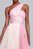 Roze One Shoulder A Line Chiffon Lange Formele Jurk met Plooien