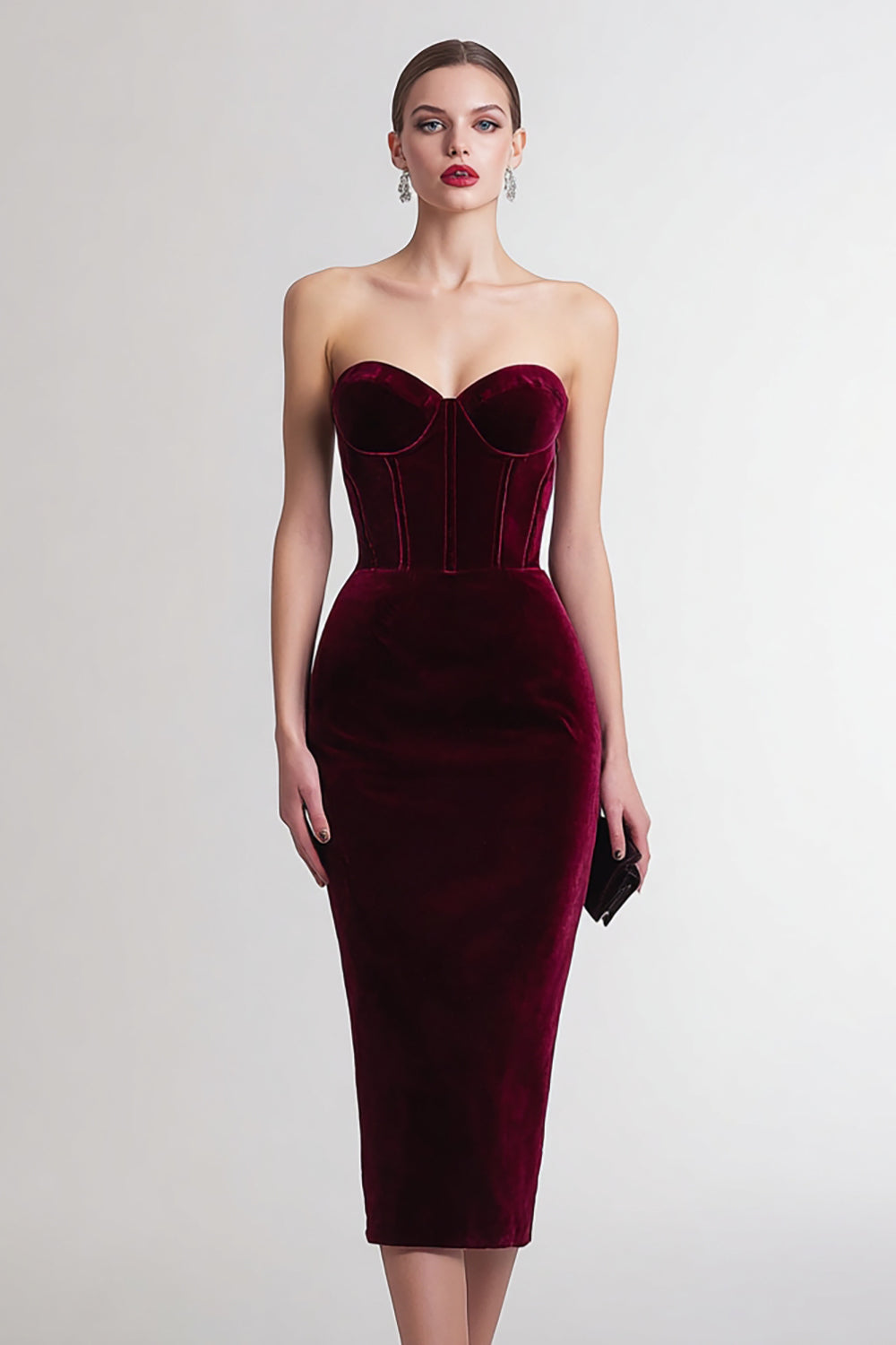 Bordeaux Strapless Velvet Bodycon Midi Formele Jurk