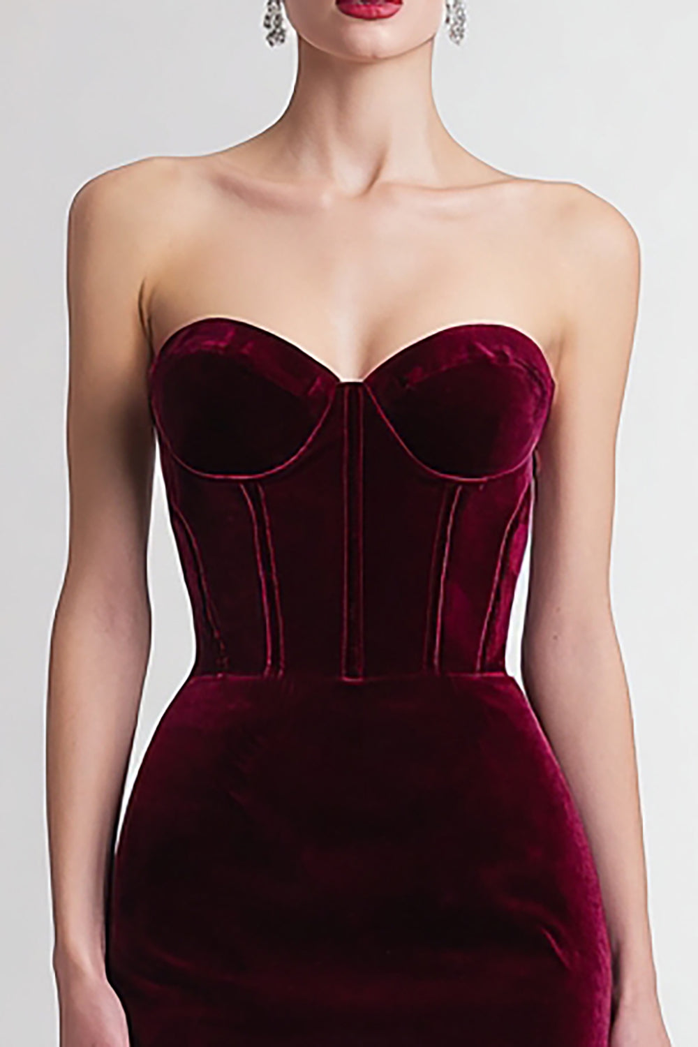 Bordeaux Strapless Velvet Bodycon Midi Formele Jurk
