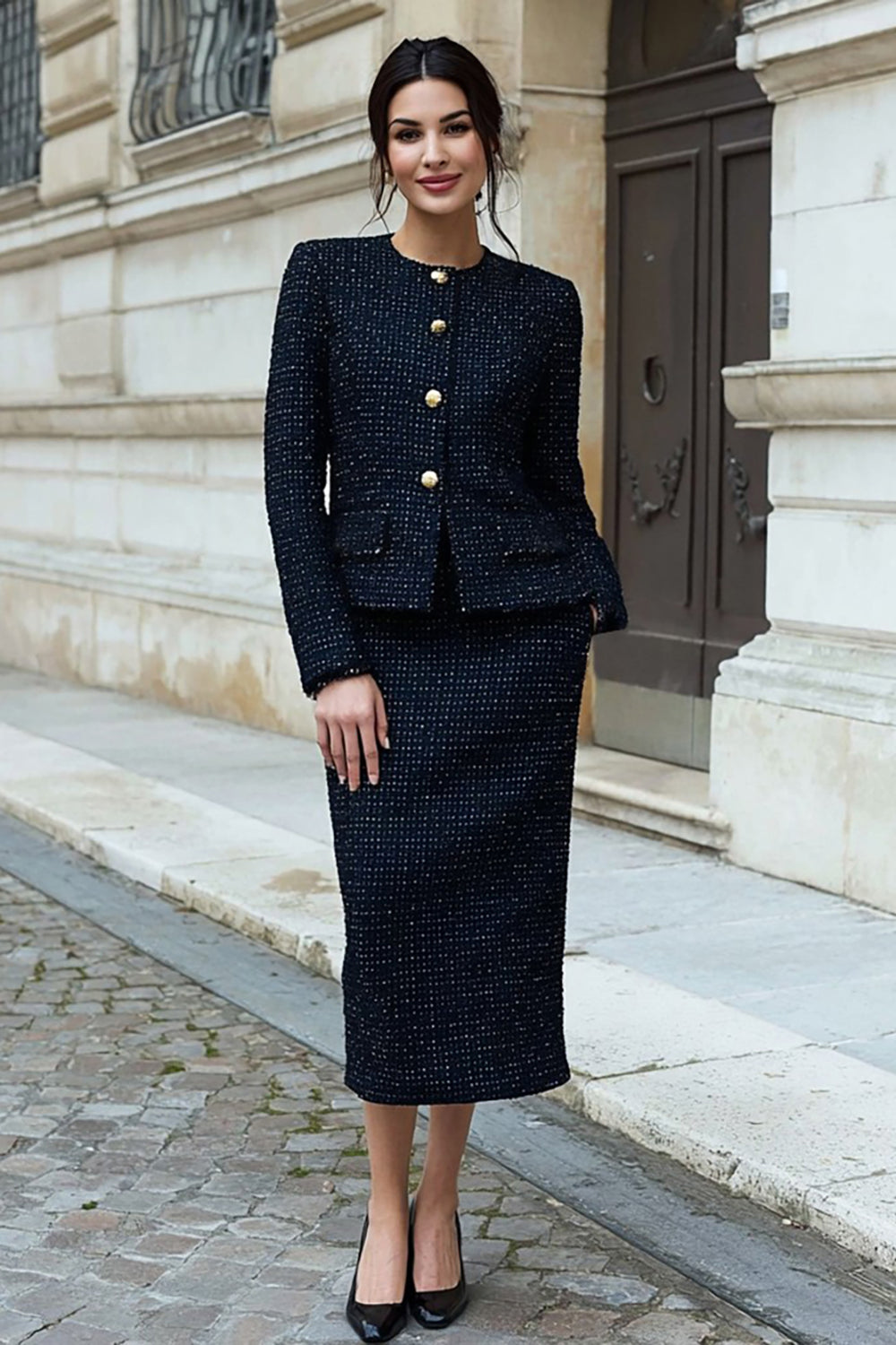 Zwarte Tweed 2-delige Midi-werkjurk met potlood en lange mouwen