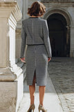 Grijze Mix 2-delige Tweed Pencil Midi werkjurk met één rij knopen