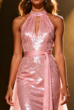 Sprankelende lichtroze zeemeermin pailletten halter lange optocht jurk met sjerp