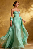 Chiffon Mintgroene Strapless Geplooide A Line Lange Avondjurk