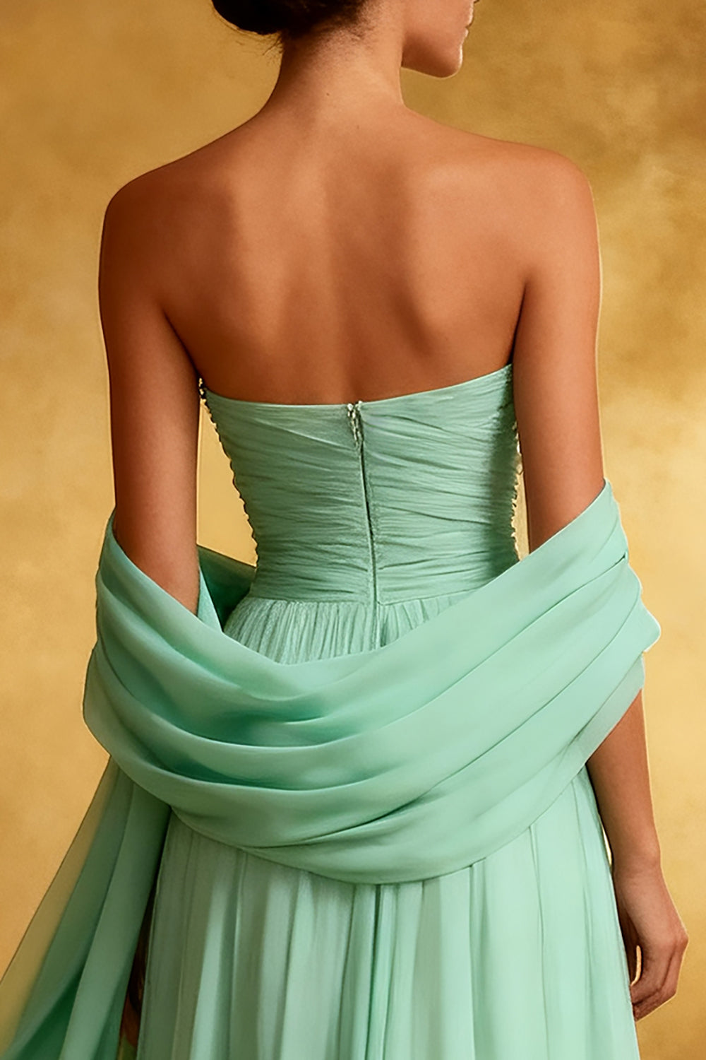 Chiffon Mintgroene Strapless Geplooide A Line Lange Avondjurk