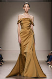 Gele zeemeermin satijn van de schouder lange formele jurk