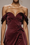 Bordeaux Satijn Off the Shoulder A Line Lange Formele Jurk
