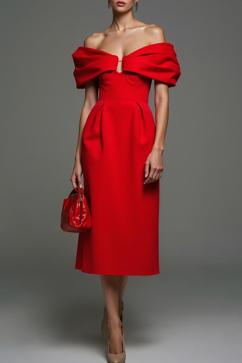 Rode schede off-shoulder midi formele jurk