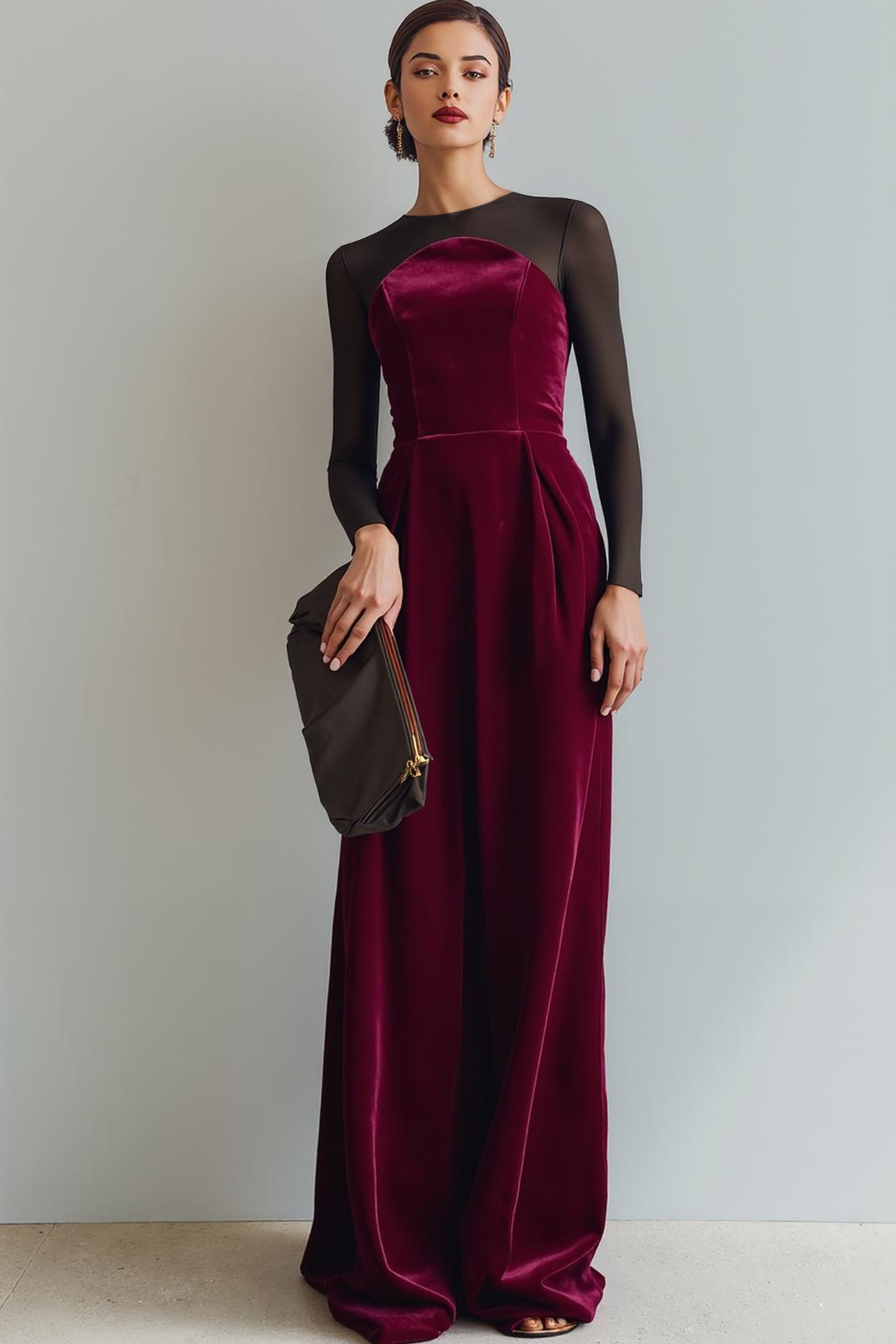 Cabernet Sheath Velvet Lange Formele Jurk met Mouwen