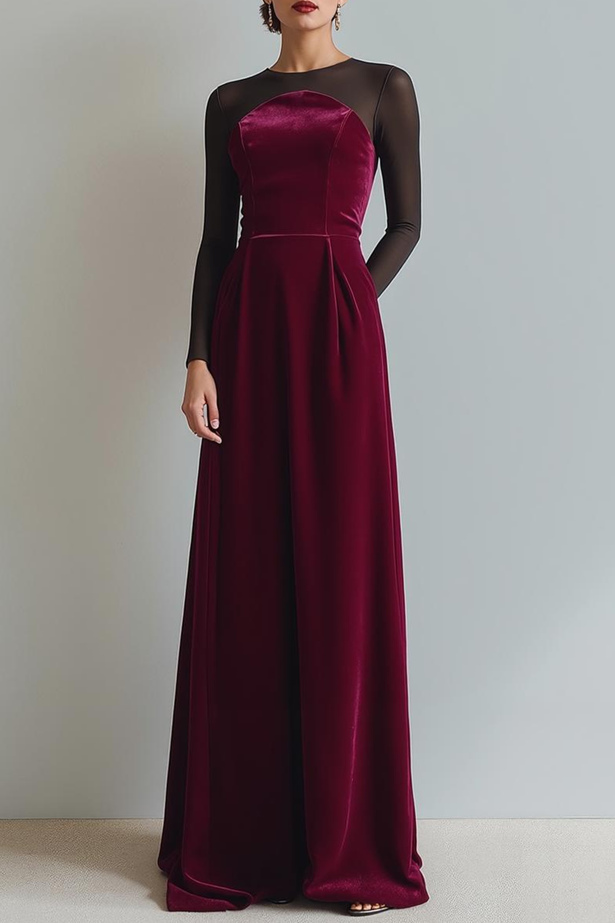 Cabernet Sheath Velvet Lange Formele Jurk met Mouwen
