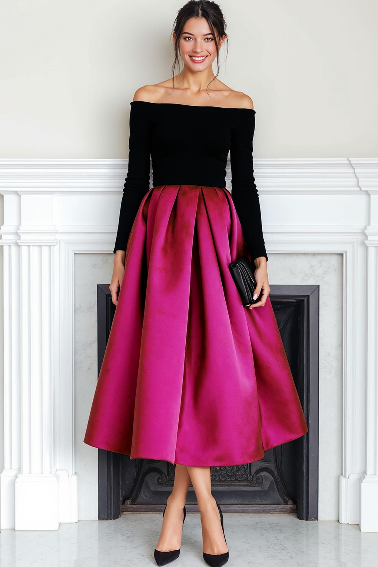 Fuchsia Black Velvet Off the Shoulder Lange Avondjurk met Mouwen