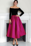 Fuchsia Black Velvet Off the Shoulder Lange Avondjurk met Mouwen