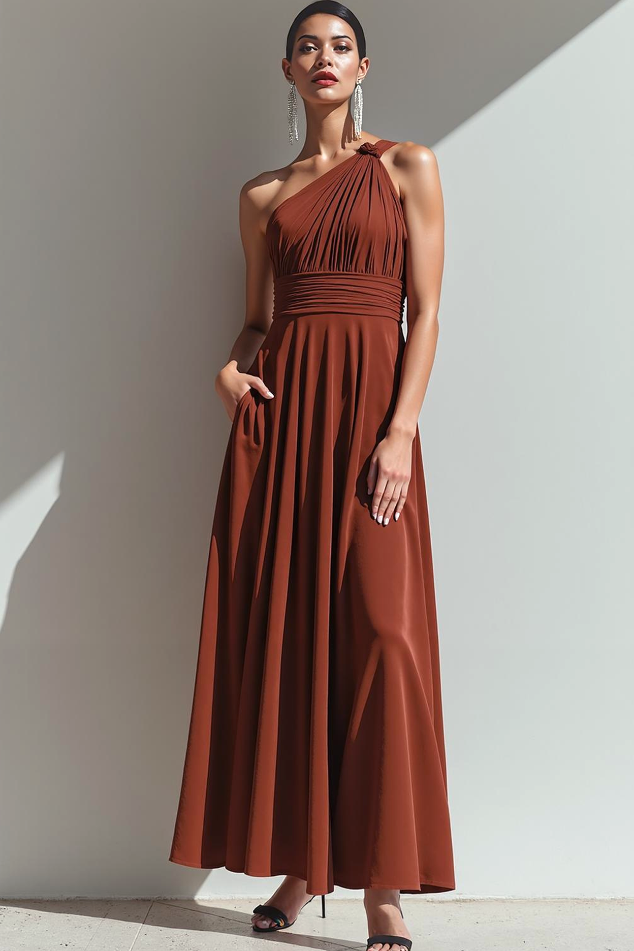 Terracotta One Shoulder A Line Maxi Avondjurk met Zak