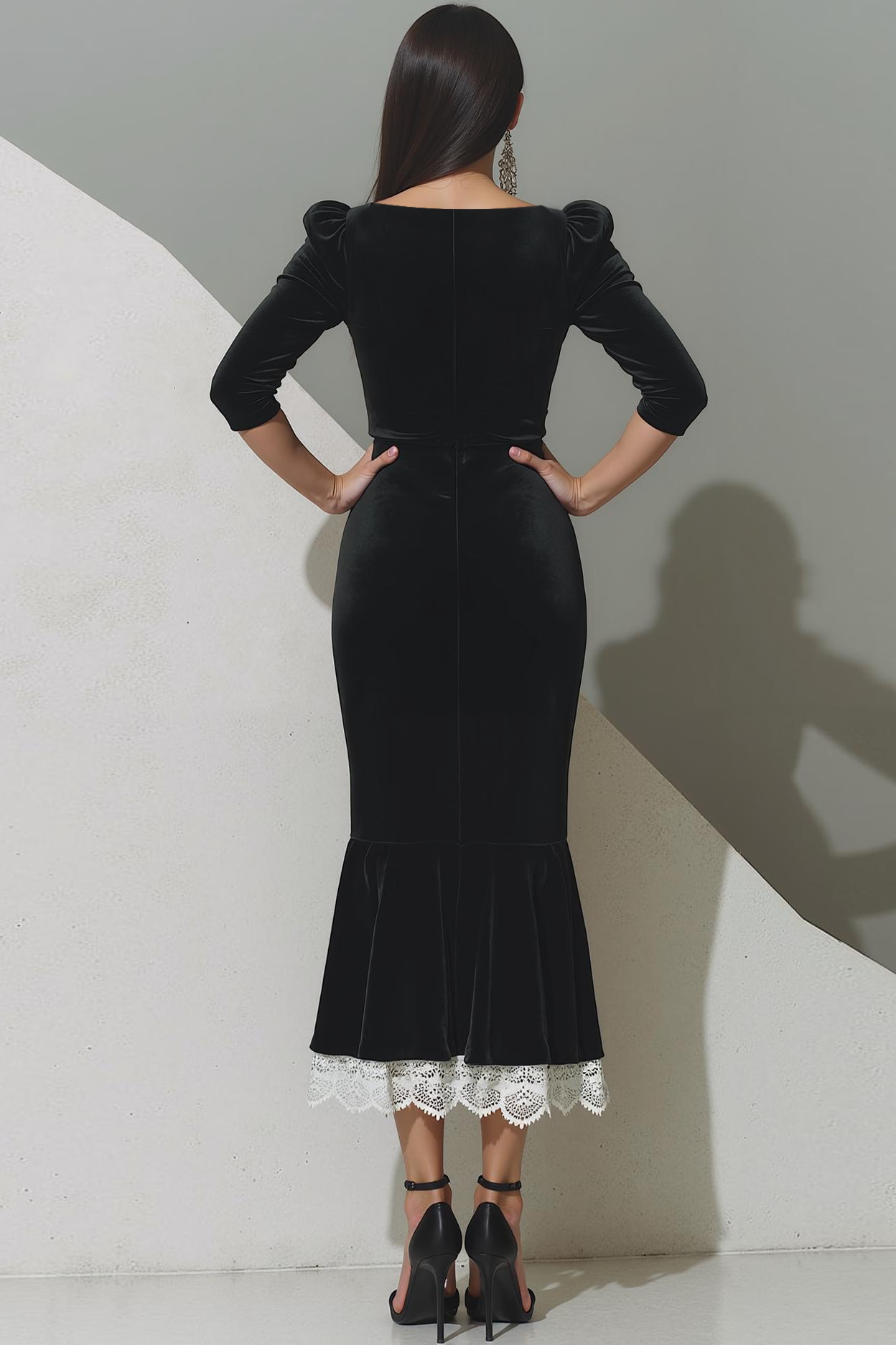 Zwarte fluwelen zeemeermin thee lengte formele jurk met kant