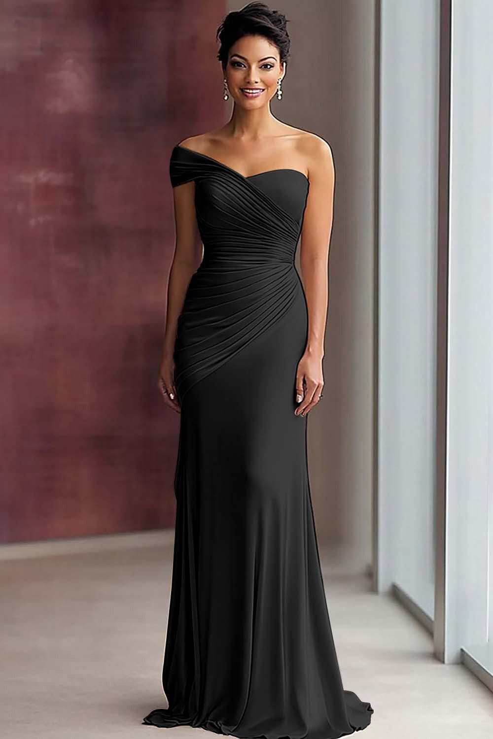 Lichte kaki jersey schede geplooide galajurk met één schouder