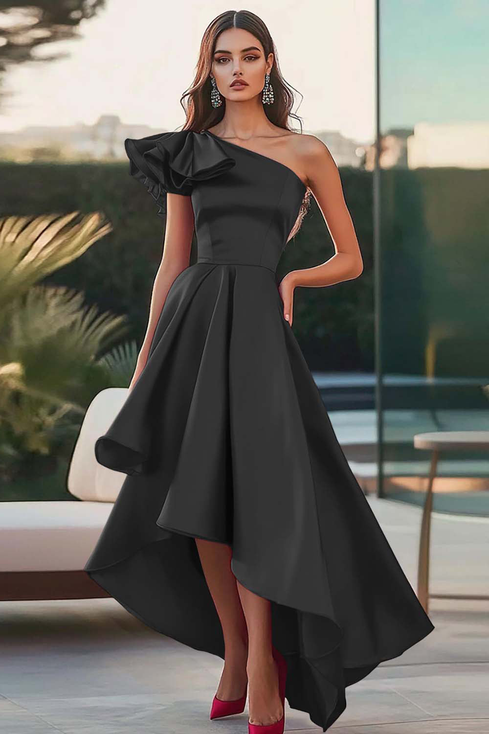 Fuchsia One Shoulder High-Low Satijn A-lijn formele jurk