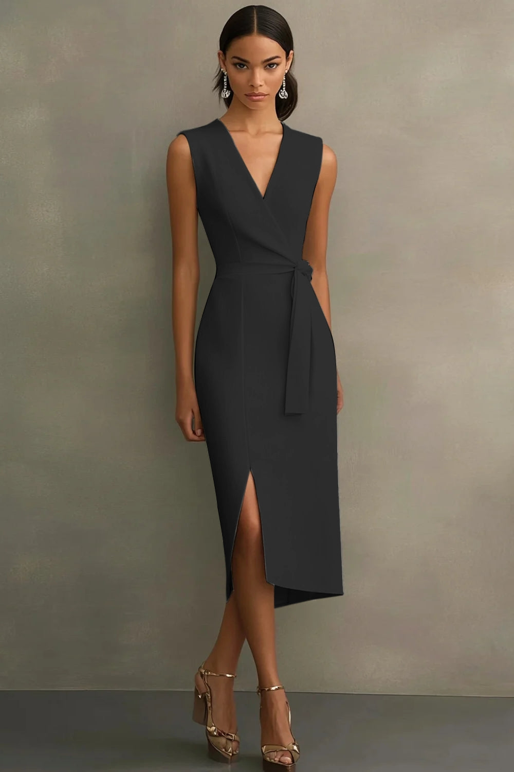 Witte satijnen formele jurk met V-hals en riem