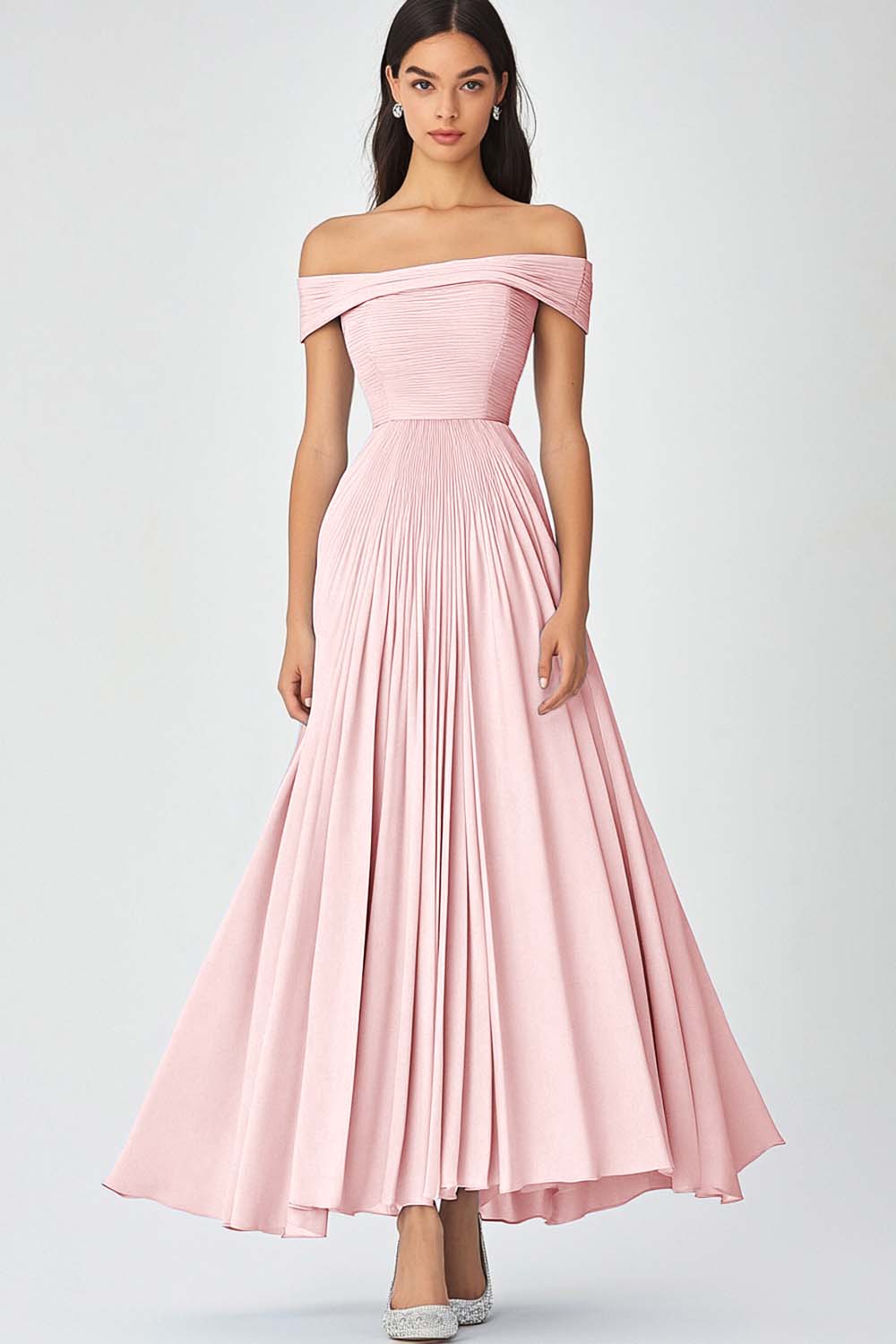 Off the shoulder hemelsblauw een lijn ruches chiffon formele jurk