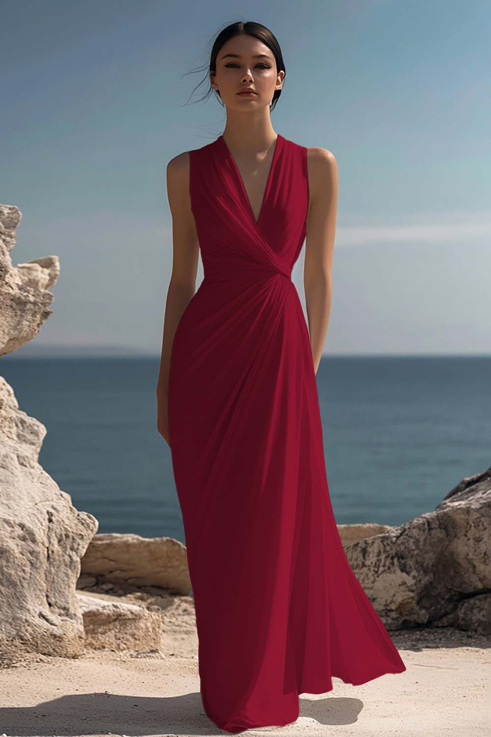 Witte lange formele jurk met V-hals met ruches