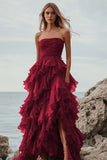 Fuchsia Ruffle A Line Strapless Lange Formele Jurk met Split
