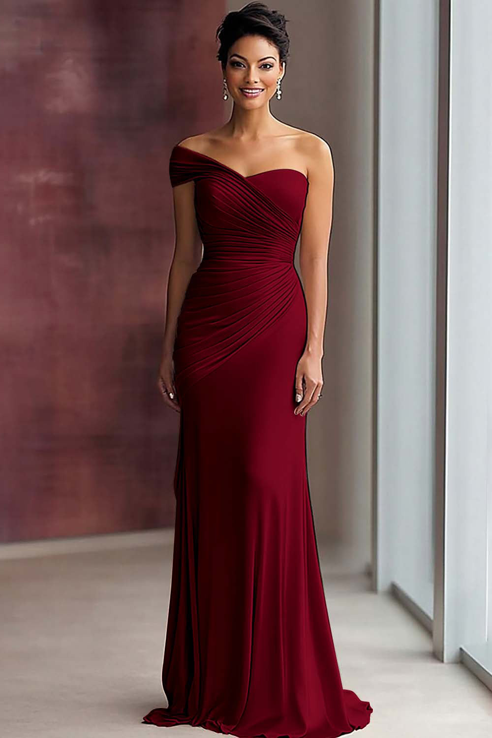 Lichte kaki jersey schede geplooide galajurk met één schouder