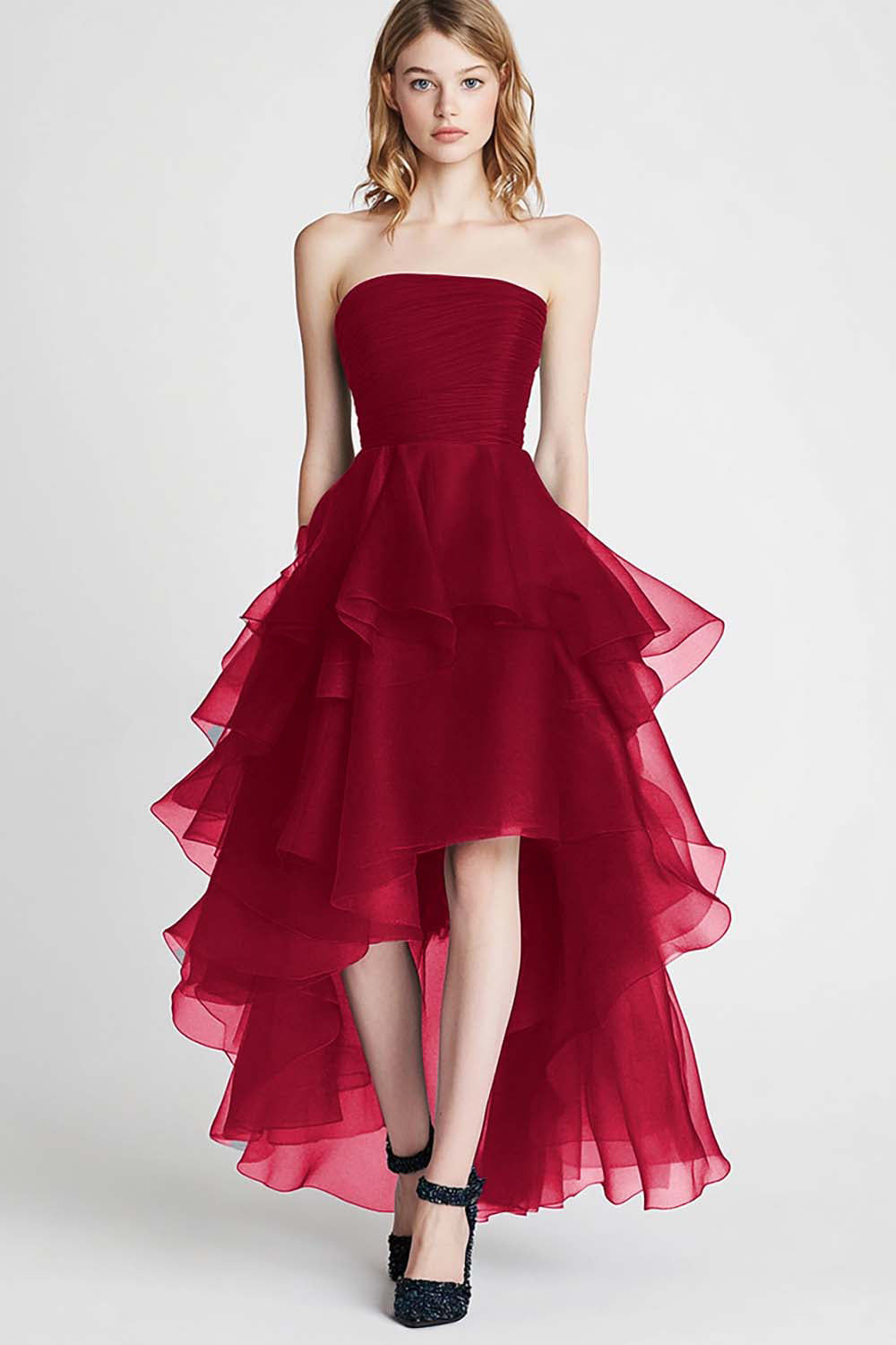 Organza A Line marineblauwe strapless gelaagde formele jurk